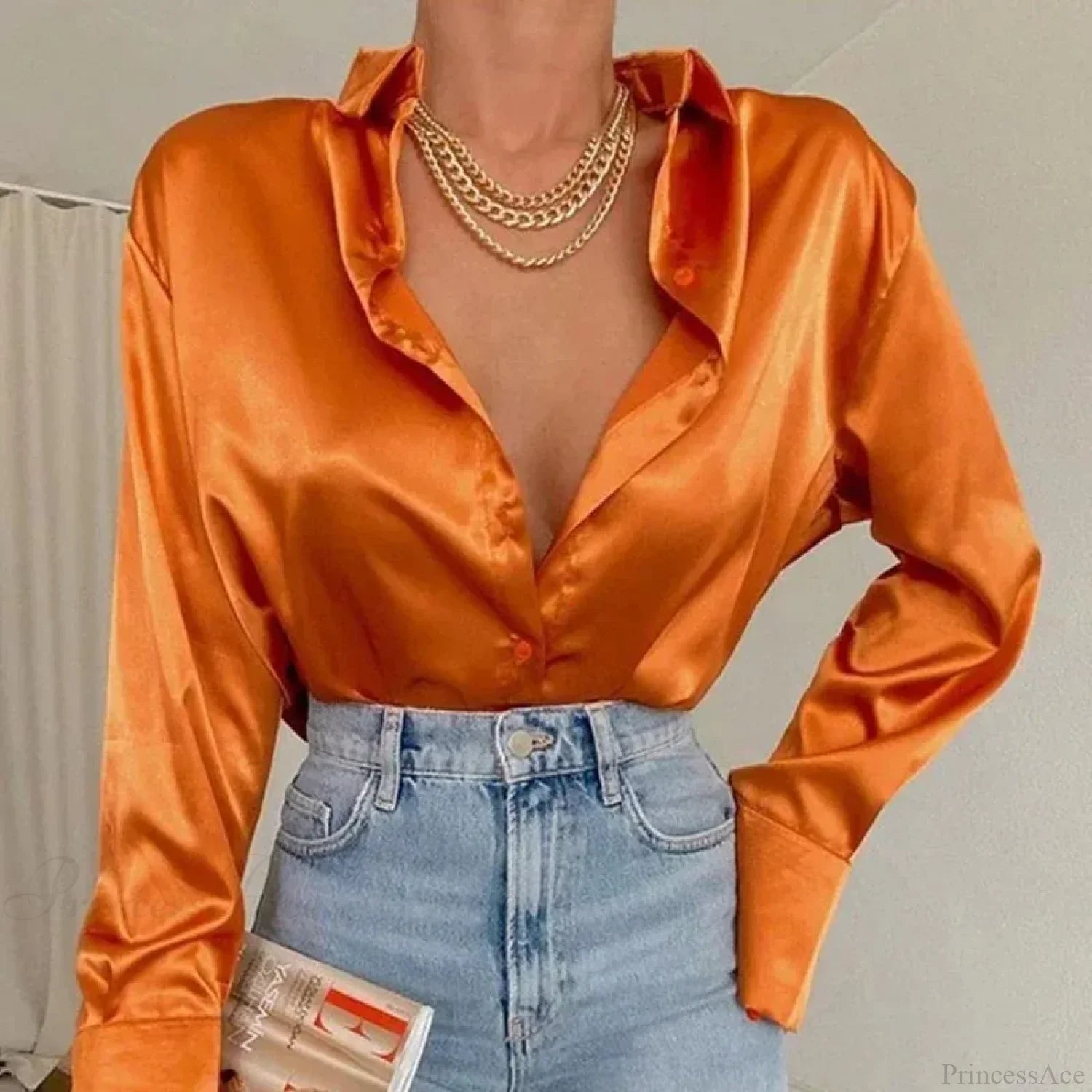 Elegant Satin Blue Long Sleeve Vintage Blouse