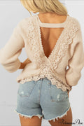 Elegant Sexy Open-Back Lace Paneled Long-Sleeve Knit Top