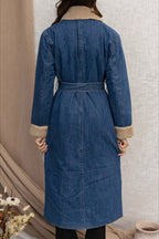 Elegant Sherpa Tie Waist Dual Pockets Denim Overcoat
