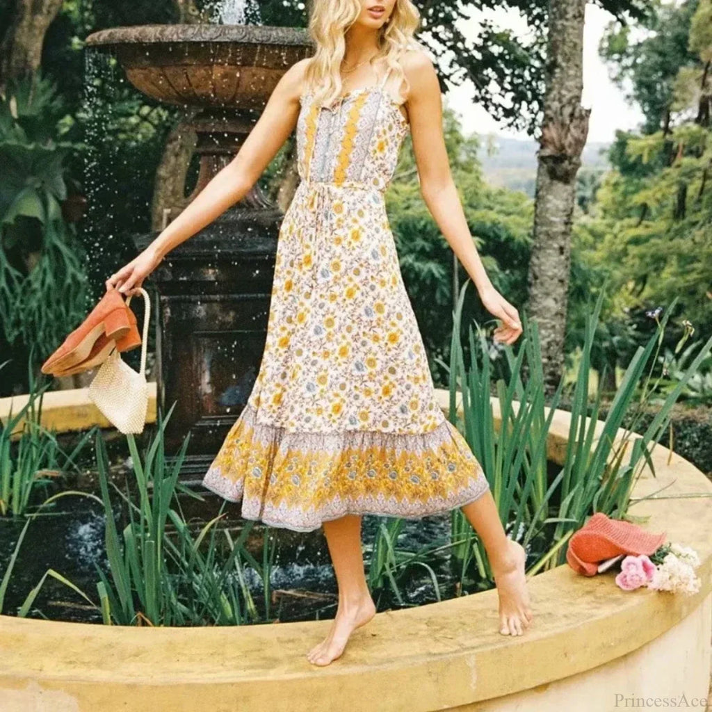 Elegant Sleeveless Floral Rayon Cotton Midi Boho Dress
