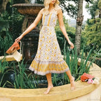 Elegant Sleeveless Floral Rayon Cotton Midi Boho Dress