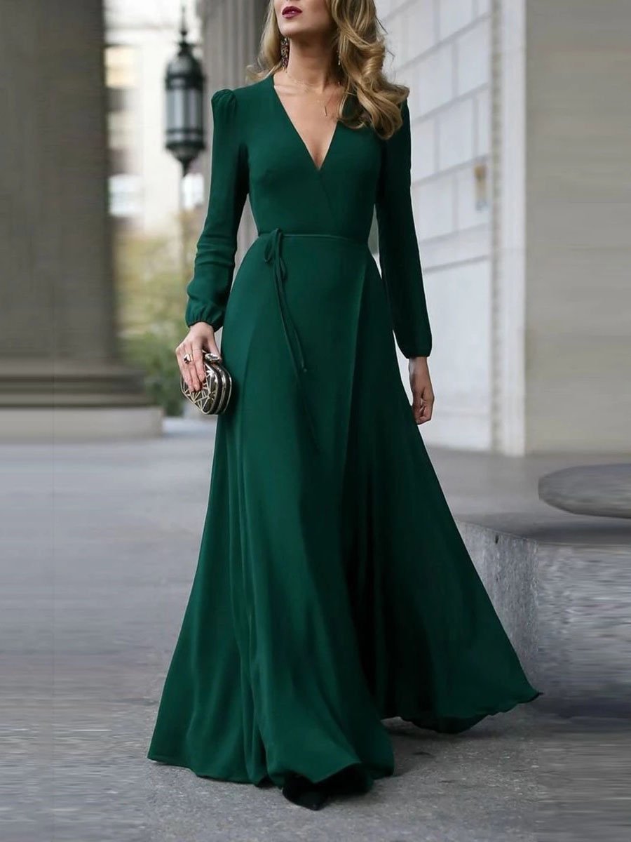 Elegant Solid V neck Lace up Dress