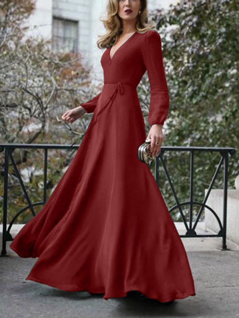 Elegant Solid V neck Lace up Dress