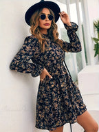 Elegant Spring Autumn Floral Print A-line Floral Dress
