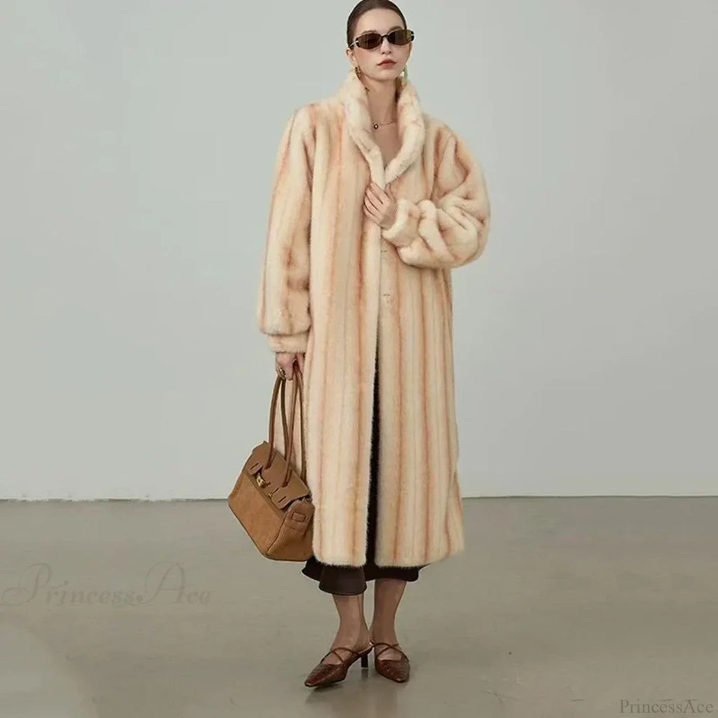 Elegant Standing Collar Faux Fur Mink Overcoat