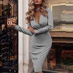Elegant V Bodycon Sequin Club Party Deep Neck Patchwork with Long Slim Sleeves - Gown Dress