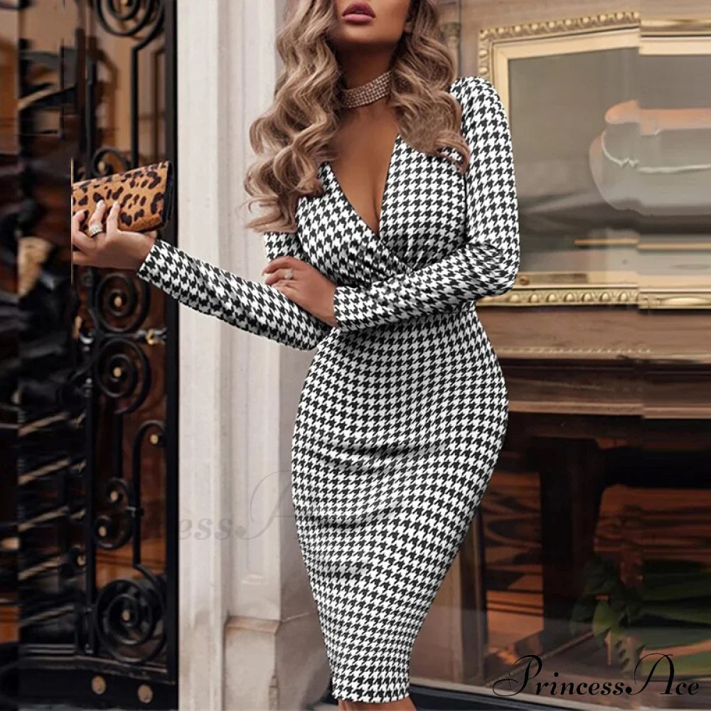 Elegant V Bodycon Sequin Club Party Deep Neck Patchwork with Long Slim Sleeves - Gown Dress