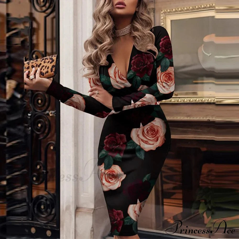 Elegant V Bodycon Sequin Club Party Deep Neck Patchwork with Long Slim Sleeves - Gown Dress