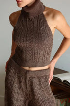 Elegant V-Neck Cable Knit Top Tank Pants Three Piece Set