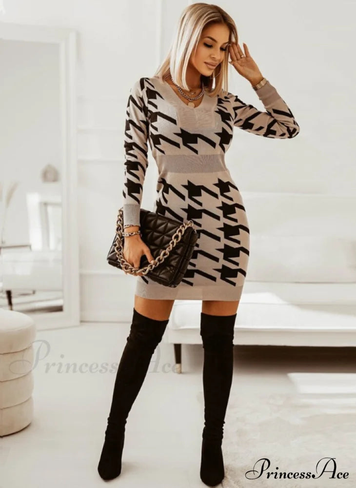 Elegant V Neck Print High Waist Long Sleeve Mini Dress for Women