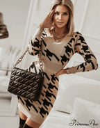 Elegant V Neck Print High Waist Long Sleeve Mini Dress for Women