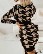 Elegant V Neck Print High Waist Long Sleeve Mini Dress for Women