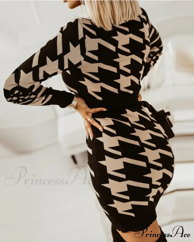 Elegant V Neck Print High Waist Long Sleeve Mini Dress for Women