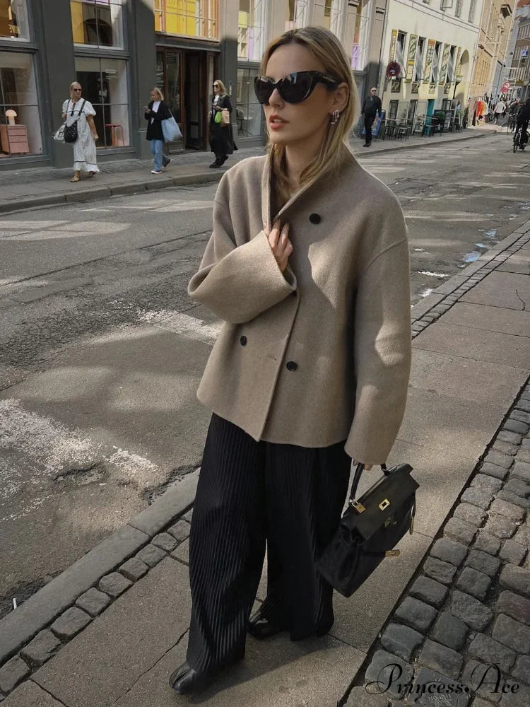 Elegant Warm Solid Woolen Cropped Stand Collar Double Breasted Long Sleeves Stylish Coat