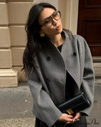 Elegant Warm Solid Woolen Cropped Stand Collar Double Breasted Long Sleeves Stylish Coat