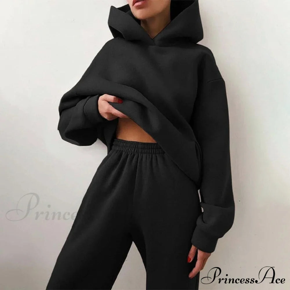 Elegant with Long Sweatshirt Women's Set and Hoodie Lace-Up Warm Pant Solid Detail