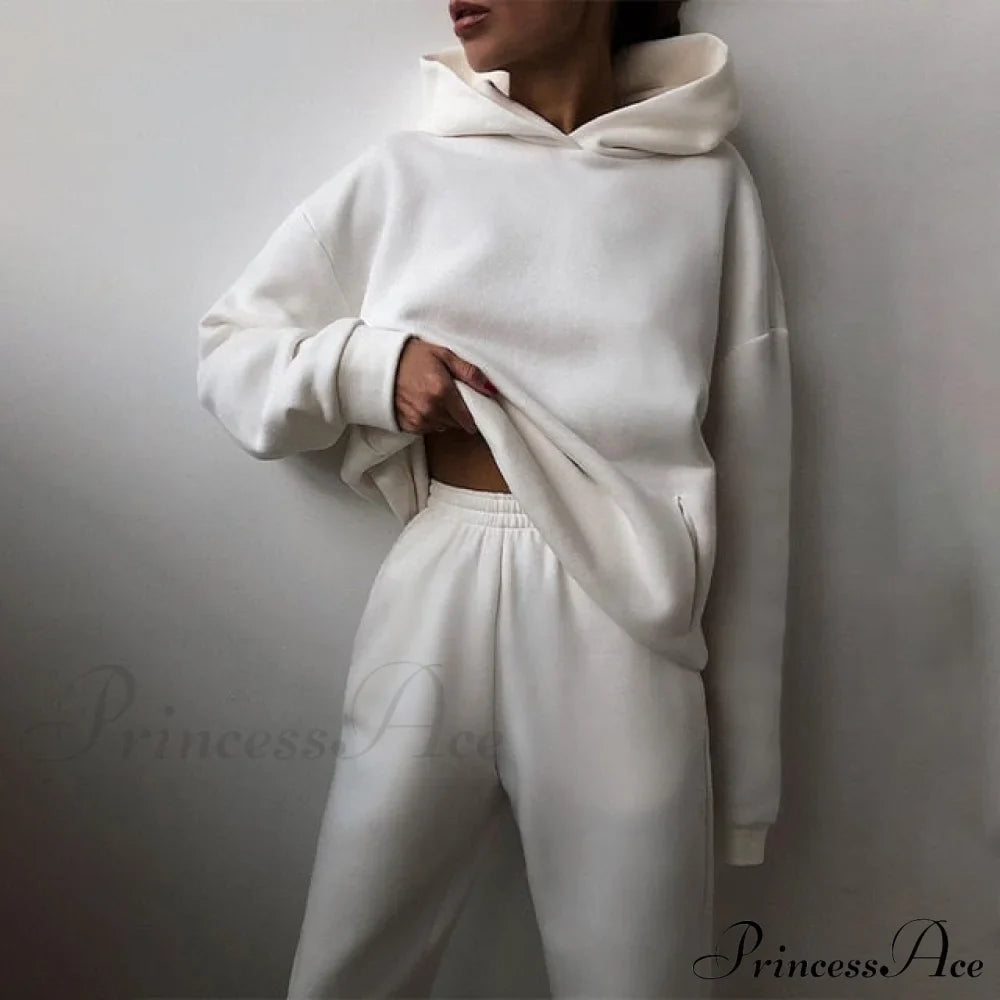 Elegant with Long Sweatshirt Women's Set and Hoodie Lace-Up Warm Pant Solid Detail