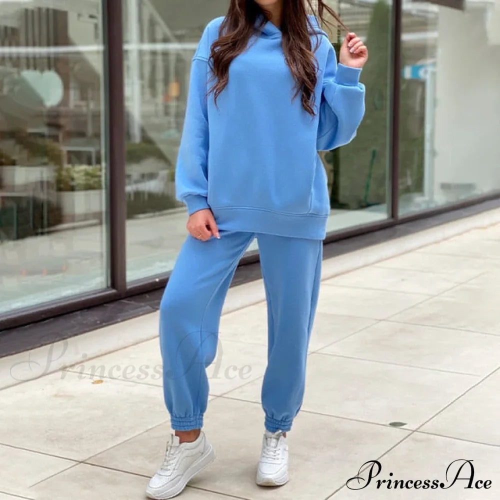 Elegant with Long Sweatshirt Women's Set and Hoodie Lace-Up Warm Pant Solid Detail