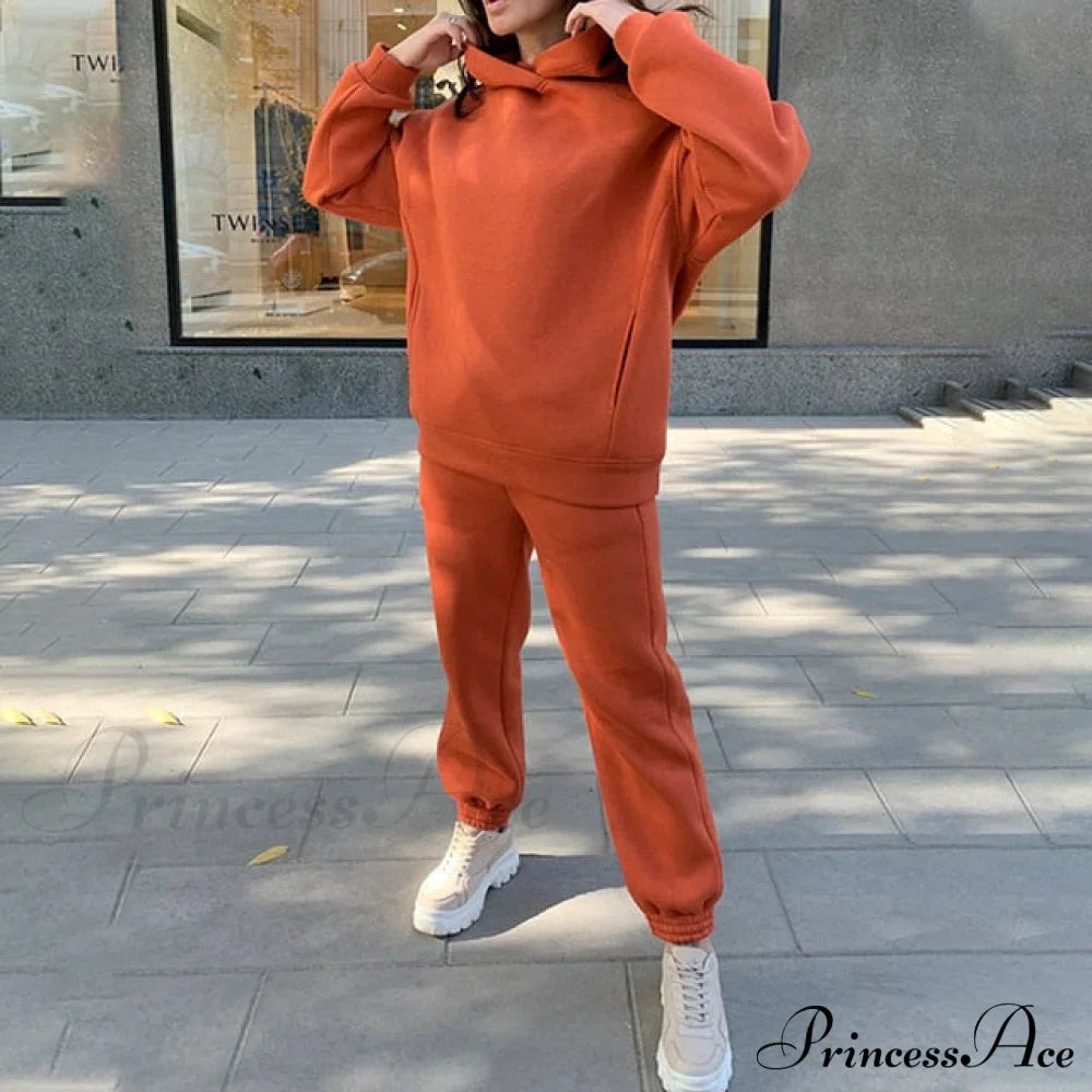 Elegant with Long Sweatshirt Women's Set and Hoodie Lace-Up Warm Pant Solid Detail