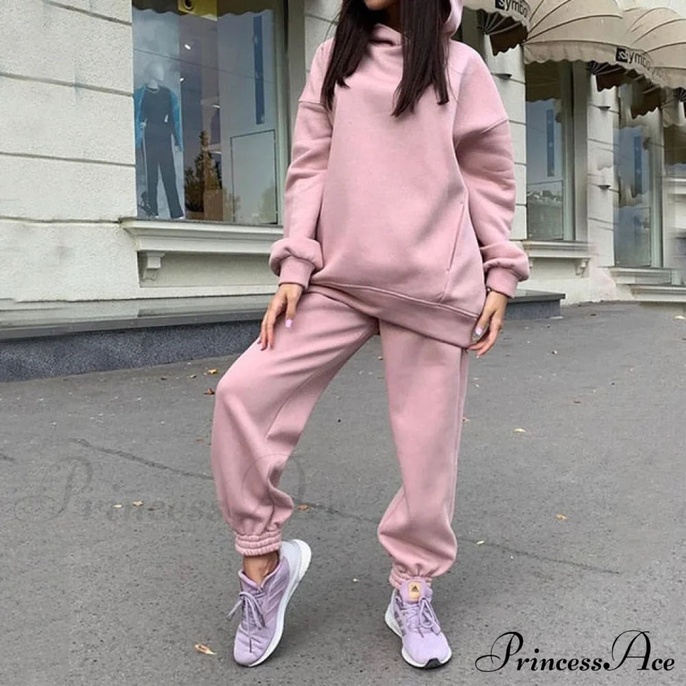 Elegant with Long Sweatshirt Women's Set and Hoodie Lace-Up Warm Pant Solid Detail