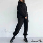 Elegant with Long Sweatshirt Women's Set and Hoodie Lace-Up Warm Pant Solid Detail