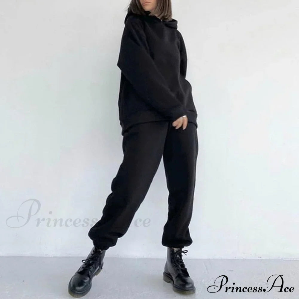 Elegant with Long Sweatshirt Women's Set and Hoodie Lace-Up Warm Pant Solid Detail