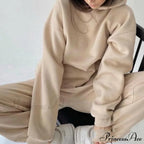 Elegant with Long Sweatshirt Women's Set and Hoodie Lace-Up Warm Pant Solid Detail