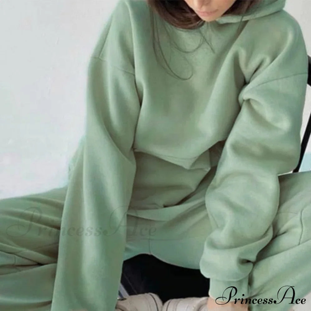 Elegant with Long Sweatshirt Women's Set and Hoodie Lace-Up Warm Pant Solid Detail