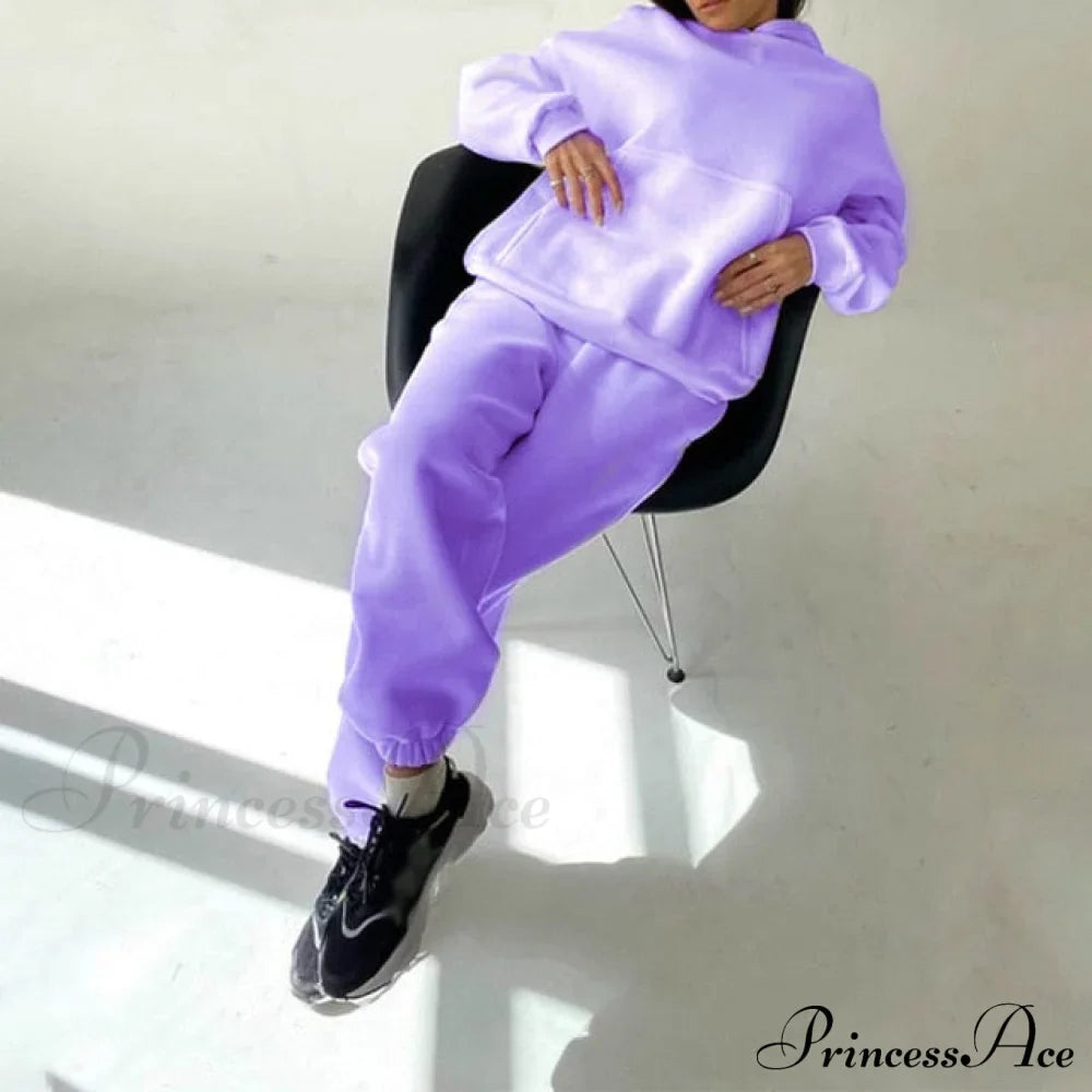 Elegant with Long Sweatshirt Women's Set and Hoodie Lace-Up Warm Pant Solid Detail