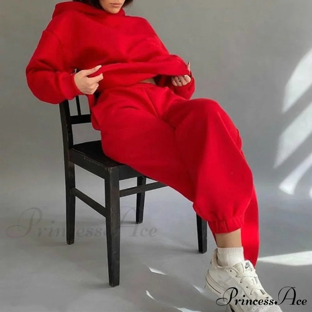 Elegant with Long Sweatshirt Women's Set and Hoodie Lace-Up Warm Pant Solid Detail