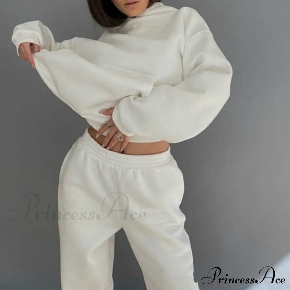 Elegant with Long Sweatshirt Women's Set and Hoodie Lace-Up Warm Pant Solid Detail