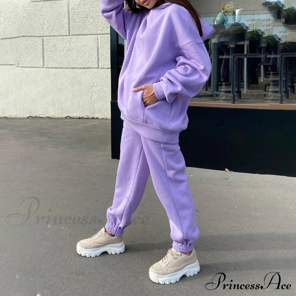 Elegant with Long Sweatshirt Women's Set and Hoodie Lace-Up Warm Pant Solid Detail