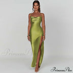 Elegant Satin V-neck Spaghetti Strap Backless Ruched High Split Dress