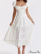 Elegant Women Short Sleeve Front Buttons Up Lace Hollow Out High Waist White OL Summer Vestidos