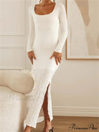 Elegant Women Sleeve Ruched Round Neck Low Cut Side High Split White Party Female Vestidos
