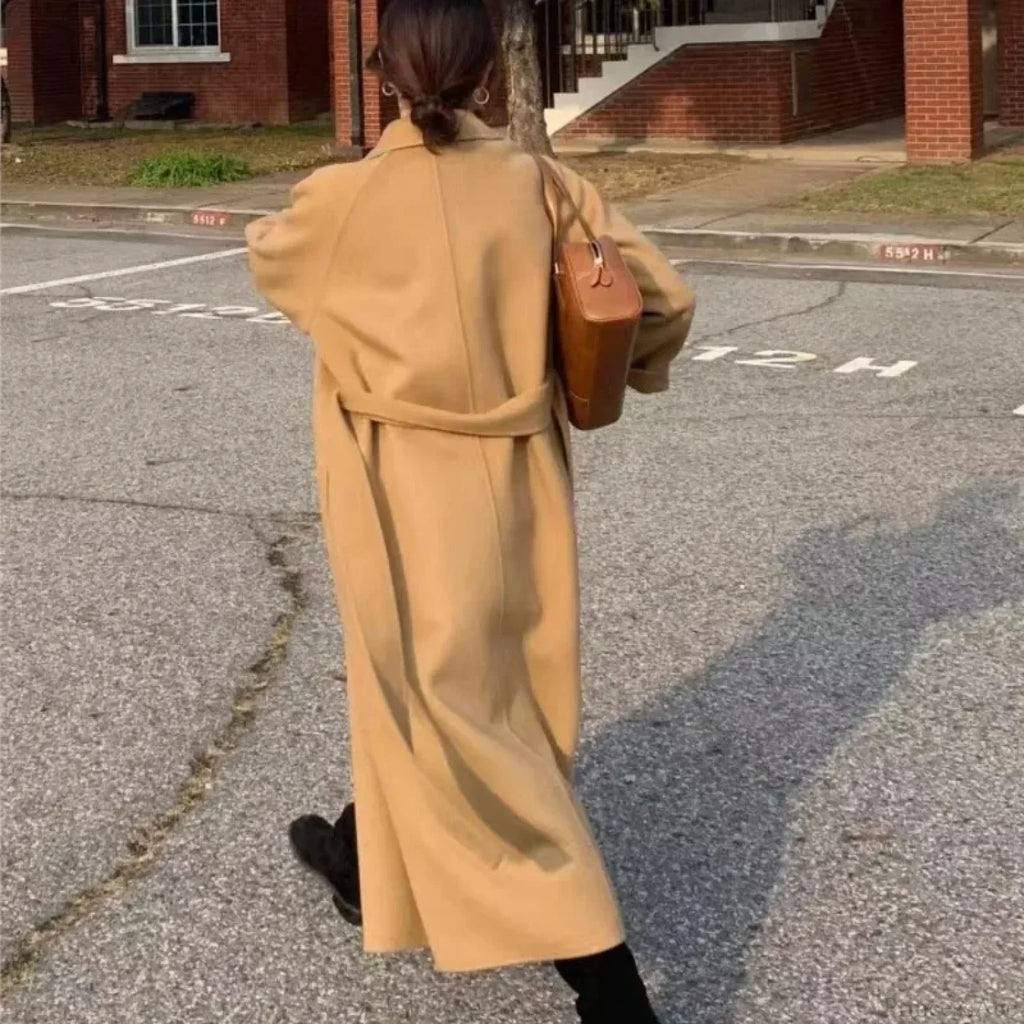 Elegant Woolen Belted Long Overcoat