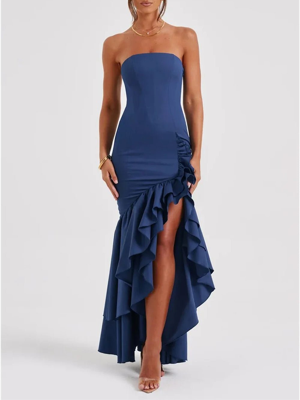 Eliza Strapless Split Ruffle Maxi Dress