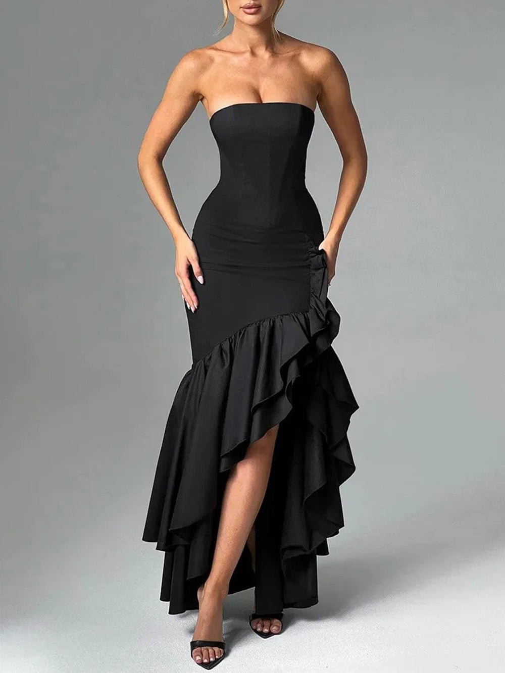 Eliza Strapless Split Ruffle Maxi Dress
