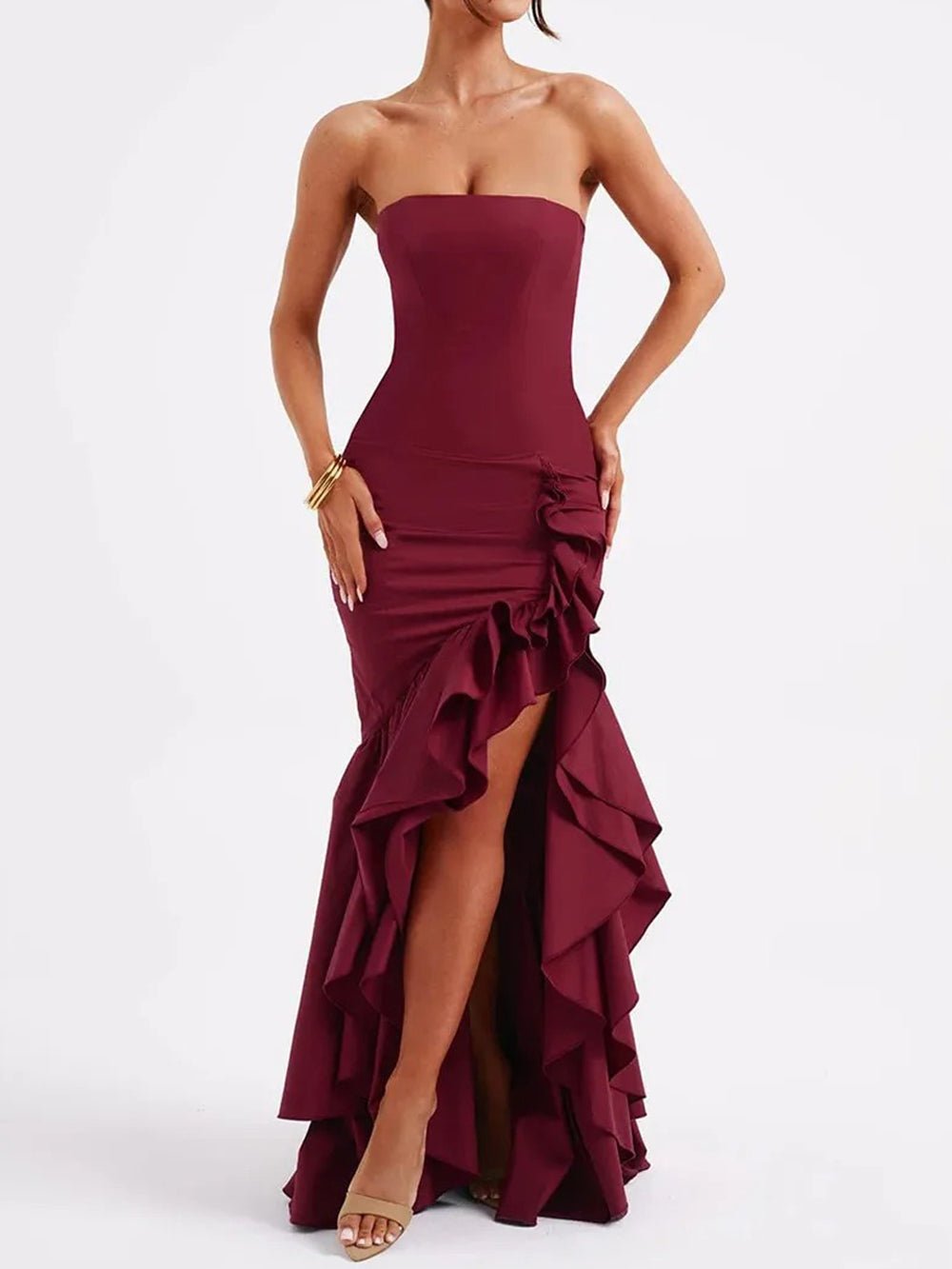 Eliza Strapless Split Ruffle Maxi Dress