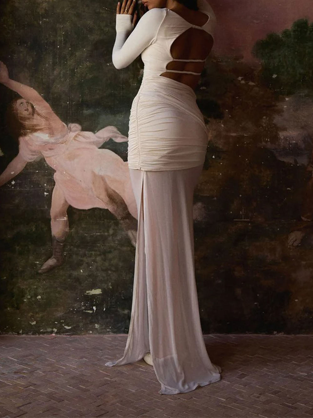 Elodie Ruched Backless Long Sleeve Dress