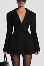 Elvira Double-breasted Long Sleeve Adjustable Back Belt Lapel Blazer Mini Dress