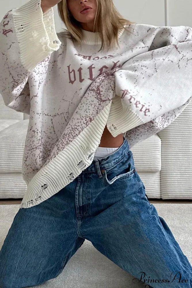 Embroidered Distressed Pullover Sweater