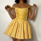 Embroidered Flower High Waist Puffy Floral Dress