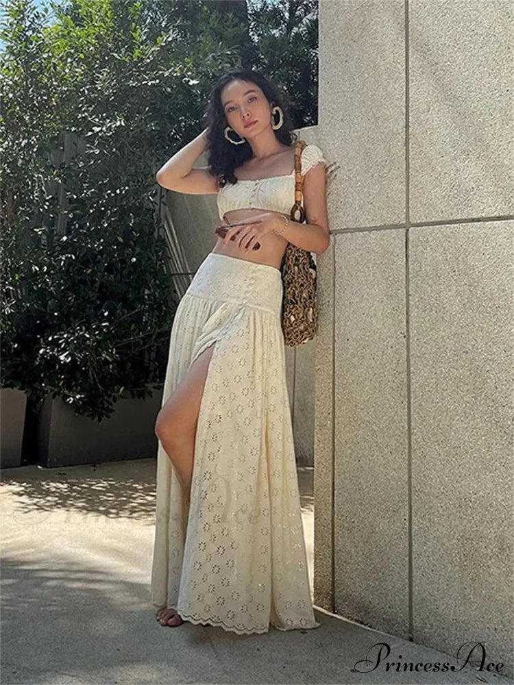 Embroidered Print Bralette Charming And Maxi Skirt Set