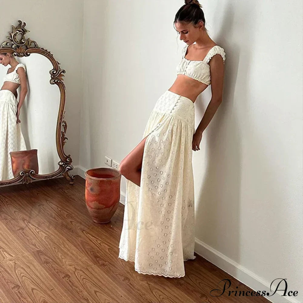 Embroidered Print Bralette Charming And Maxi Skirt Set