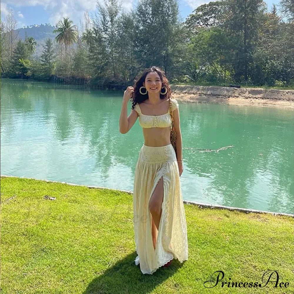 Embroidered Print Bralette Charming And Maxi Skirt Set