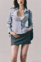 Embroidered Striped Slim Lapel Blouse