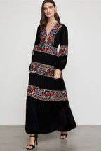 Embroidered V Neck Long Sleeve Boho Chic Maxi Dress - Black
