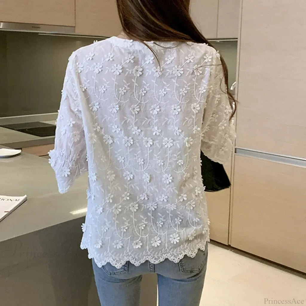 Embroidered White Cotton Floral Korean Style Blouse