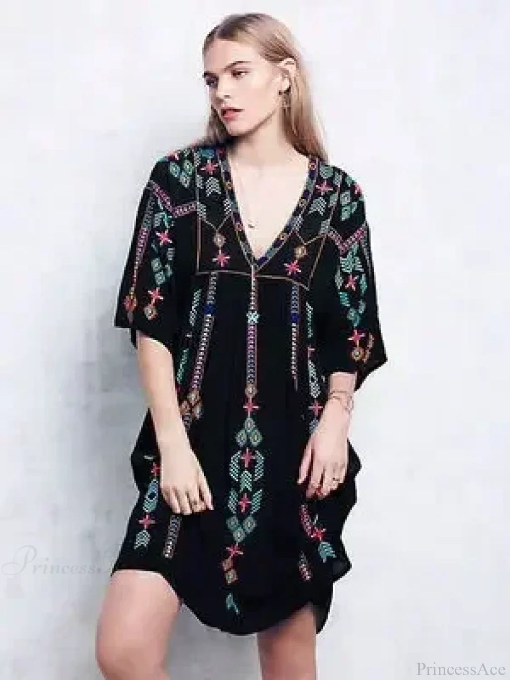 Embroidery Loose V-neck Black Elegant Boho Dress